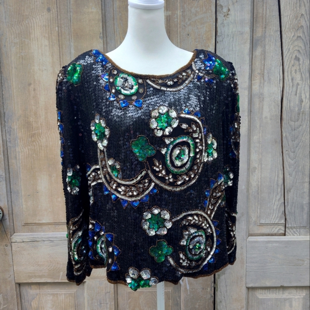 Vintage Black Sequined Scala Top